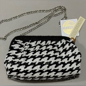 From India To You Black White Beaded Houndstooth Design Crossbody/Clutch Bag NWT